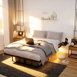 Full Size Floating Bed Frame with Adjustable Bedside Trays, RGB Smart LED Lights & USB Charging Station - Modern Metal Platform Bed, No Box Spring Nee