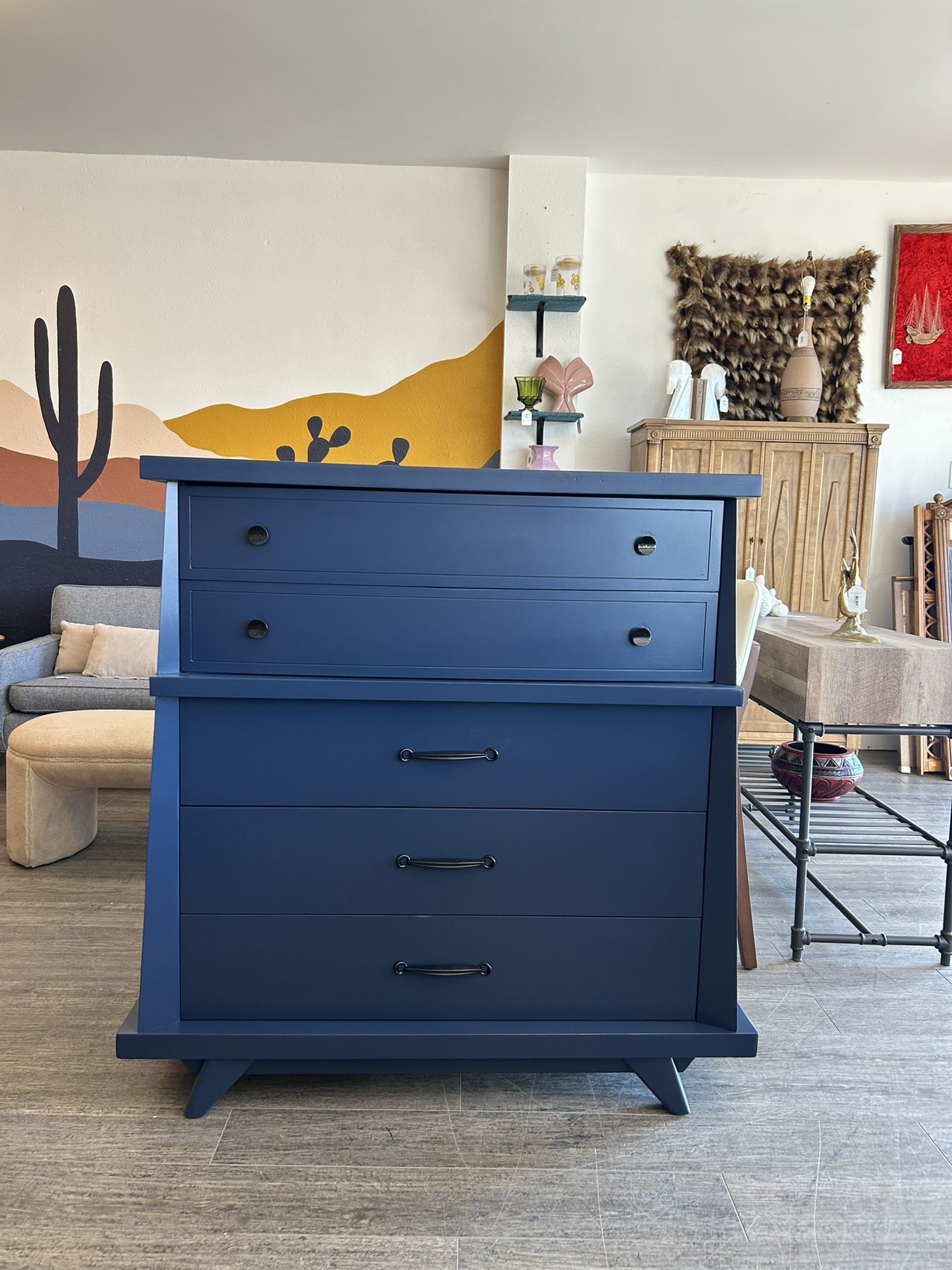 Navy Blue Or Wood Upright Dresser / Chest Of Drawers! 