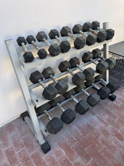 XMARK 5-50 lb Rubber Hex Dumbbell Set + 3-Tier Rack