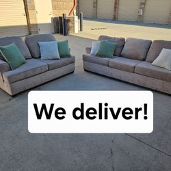 Comfy Taupe Sofa & Loveseat w/ Pillows – Great Condition! 