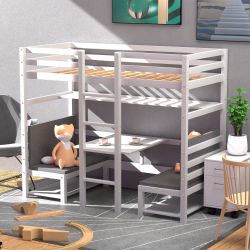 Twin Bunk Bed With Convertible Desk / Tea Table Under,