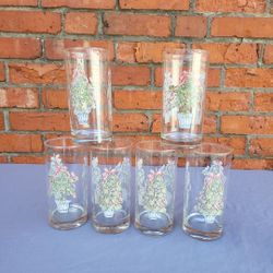 Mexico Crisa Signed Glass Tumblers Floral Baskets w/ Bows Vintage MCM (6 avail)