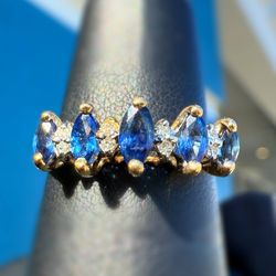 14k solid yellow gold Natural 0.5CTW Blue Sapphire 0.1CTW Diamond Ring Marquise & round cut sz6.5