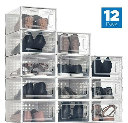 12 Pack Shoe Storage Boxes, Clear Plastic Stackable Shoe Organizer Bins