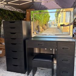 Black Vanity Desk Set with Mirror and Stool