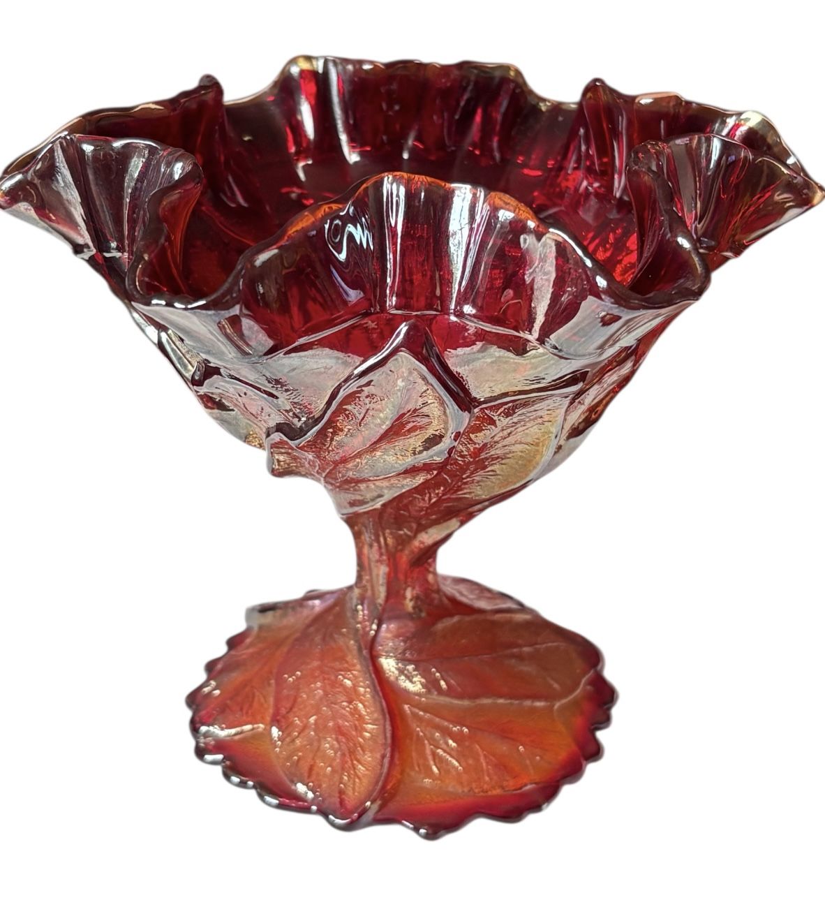 Vintage "Imperial" Acanthus Leaf Sunset Ruby Glass Footed Compote