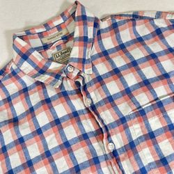 LL Bean Mens XL Red Blue White Plaid 100% Linen Short Sleeve Button Up Shirt
