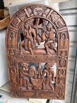 Beautiful vintage Hand-Carved Senufo Style African Wood Wall Plaque - Village Life Scenes