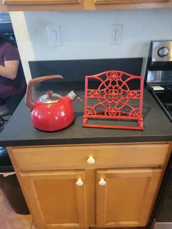 Red Tea Kettle & Red Recipe Book Stand