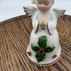 VTG Porcelain Christmas Praying Angel Bell Holly Gold Trim 3" 