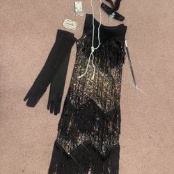 New medium black sequin fringe beaded flapper evening dress costume gown accessories 