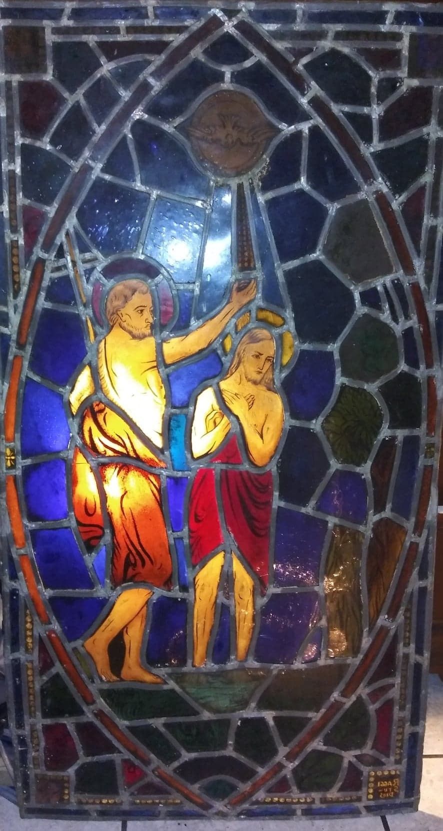 Rare Antique Church Baptism Of Jesus Christ Pewter Stained Glass Window 25"×45"
