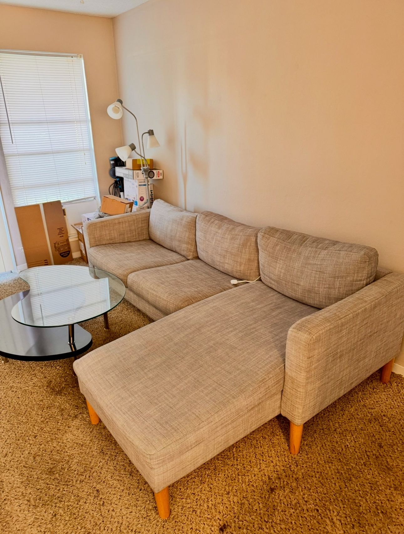 Sofa, Table, Modern Gray Sectional Sofa + Glass Coffee Table Set 