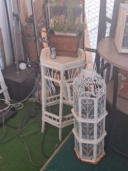 White Decorative Birdcage and Plant Stand