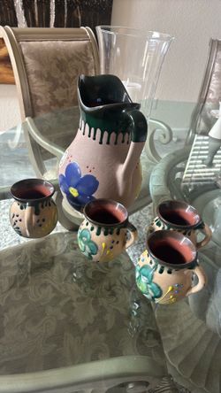 Hand-Painted Ceramic Pitcher and Cups Set