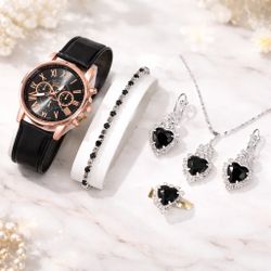 Luxury Watch & Black Heart Jewelry Set – Elegant Gift Set
