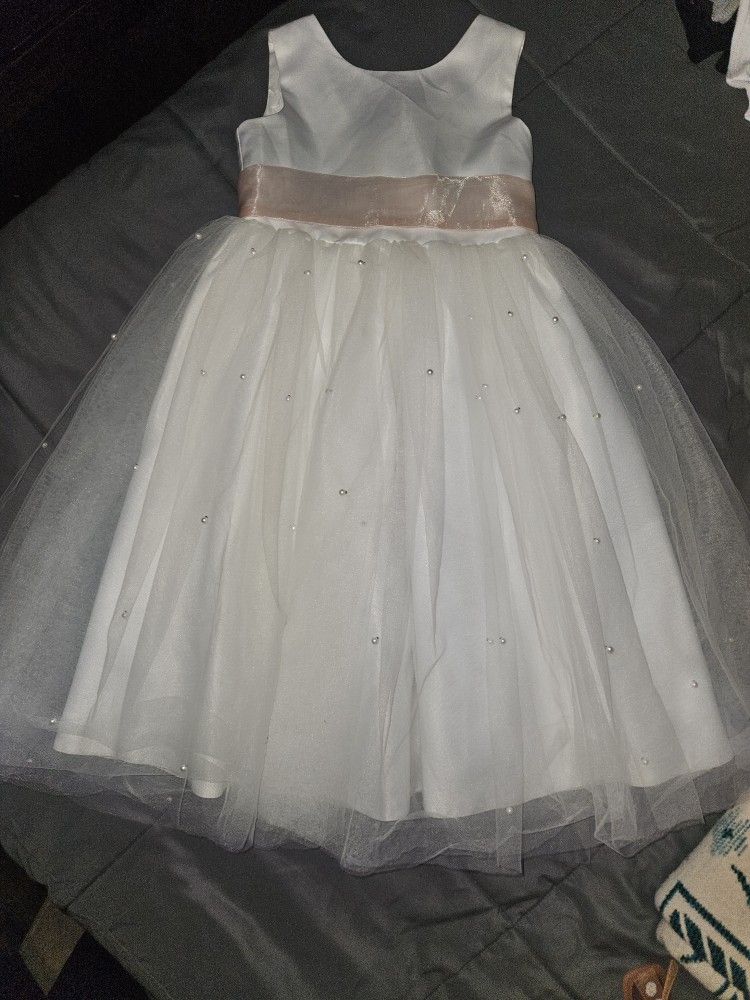 Girl's Pearl Skirt Flower Girl Dress With Blush Pink Band