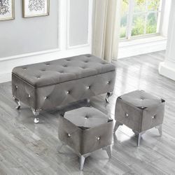 Velvet Large Storage Ottoman Bench Set Foot Rest Stools for Living Room Bedroom with 2pcs Ottomans Upholstered, Grey