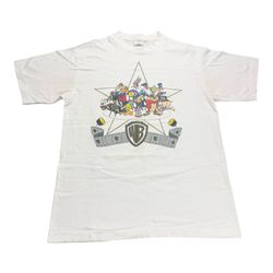 Vintage 1991 Looney Tunes Warner Bros. Logo Cast Crew Movie Film Set Cartoon Graphic Acme Clothing Co. White T-Shirt Adult Size L 90s VTG
