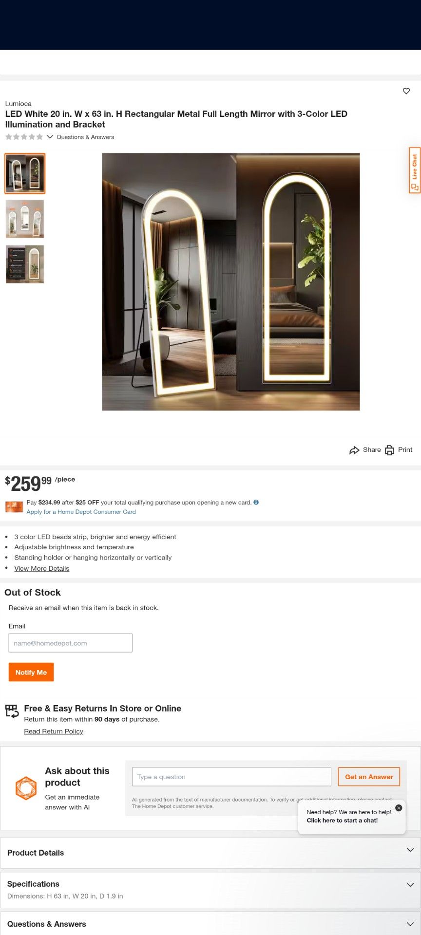 MAYEERTY 63"x20" Rectangle LED Full Length Mirror Aluminium Alloy Floor Mirror, White