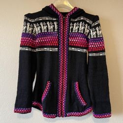 Women’s Black Purple & Pink Alpaca Zipper Front Pockets  Hooded Jacket, Size S