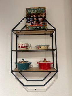 Black Metal and Wood Wall Shelf with pioneer woman decor