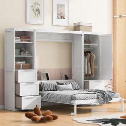 White Queen Sized Murphy Bed / Flip Up Design  / Open Shelves / Closet / Drawers [NEW IN BOX] **Retails for $1489 <Assembly Required> 