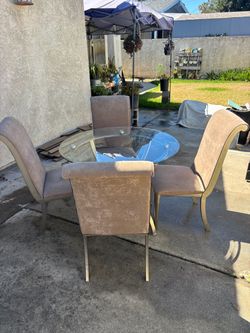 Half-Moon Glass Top Bar Table with Wine Rack table and four chairs