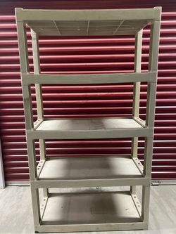 6 units. Six 5 shelf units    HEAVY DUTY "gray" plastic shelving.