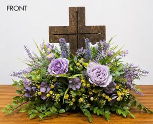 Purple Flower Arrangement with Wooden Cross
