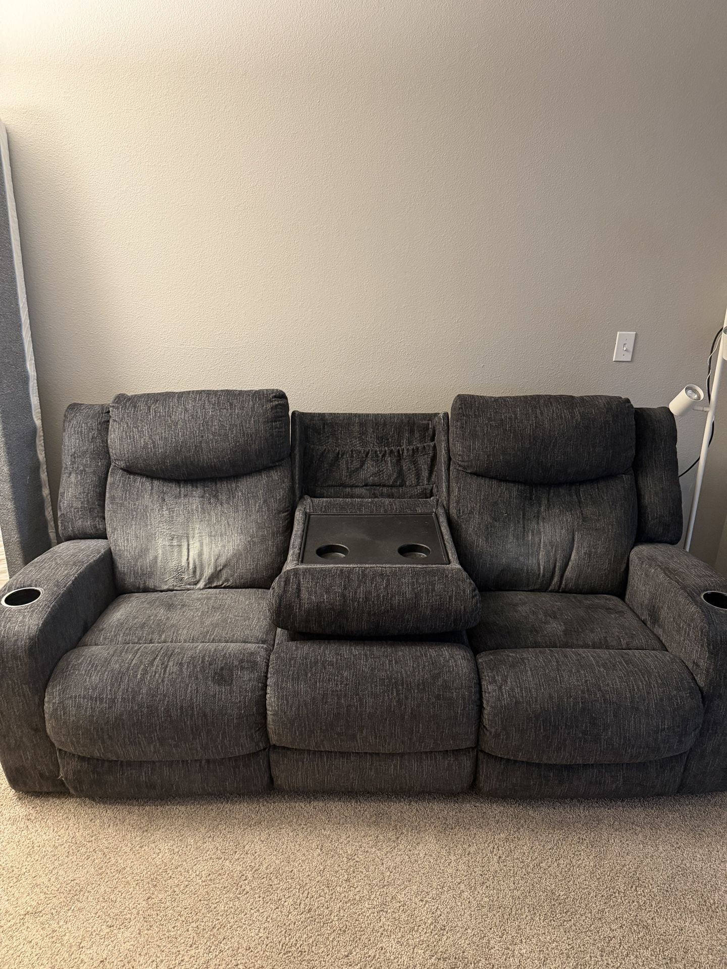3-Seater Reclining Sofa w/ Console + USB + Cup Holders (Like New)