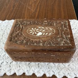 Hand Carved Wooden Box With Floral Inlay Made In India