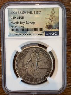 1908-S Philippines Peso NGC Manila Bay Salvage Shipwreck Coin