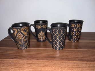 Set of 4 Black and Gold Ceramic Mugs