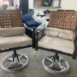 Patio Swivel Chair Set of 2, Outdoor Dining Chairs with Cushions & Lumbar Pillows, Leather-Look Wicker Chairs with Gentle Rocker for Porch