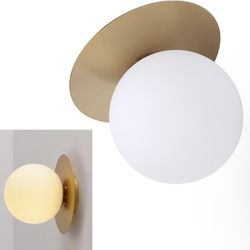 Gold Brass Globe Wall Sconce - Milk Glass Ceiling Lamp - Sphere Alabaster Single Light Fixture - Mid Century Modern