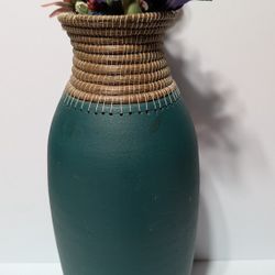 Handcrafted 15.5" Tribal Style Painted Gourd Vase With Coiled Wicker Neck & Faux Flowers

