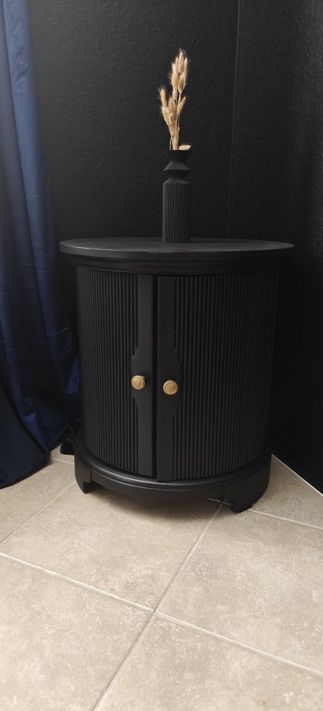 Refinished Black Solid Wood Fluted Cabinet / End Table