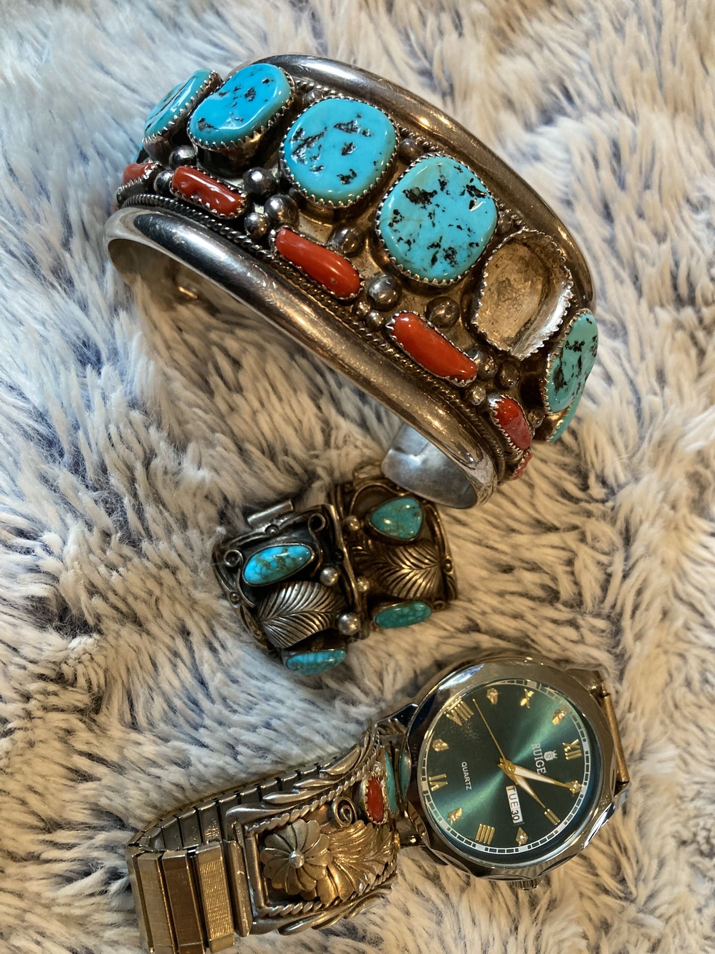 Men’s Navajo Sterling Silver Watch Tips With MatchingWatch Plus Men’s Sterling Silver Cuff Also Ladies Two Watch Tips