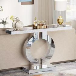 New assembled Modern Mirrored Console Table, Glass Sofa Table with Mirror Finish, 43-Inch Entryway Table with O-Shaped Base, Rectangular Accent Foyer 