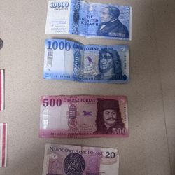 European Currency Bundle - Iceland 10k Kr, 2x Denmark 1k Kr, Hungary, Poland + Coins