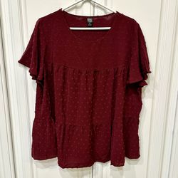 🍇 Pretty dark burgundy flowy shirt blouse with embroidered pattern - never worn 1XL