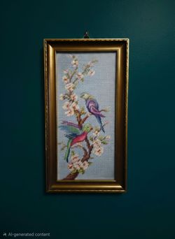 Vintage needlepoint tapestry features two colorful parrots on Cherry Blossom 7.5"×13"