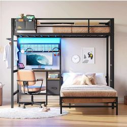 B100-Bunk Bed Twin Over Twin Size with Desk and Charging Station L-Shaped Metal Bunk Bed with Led Lights & Storage Shelves and Drawers Loft Beds with 