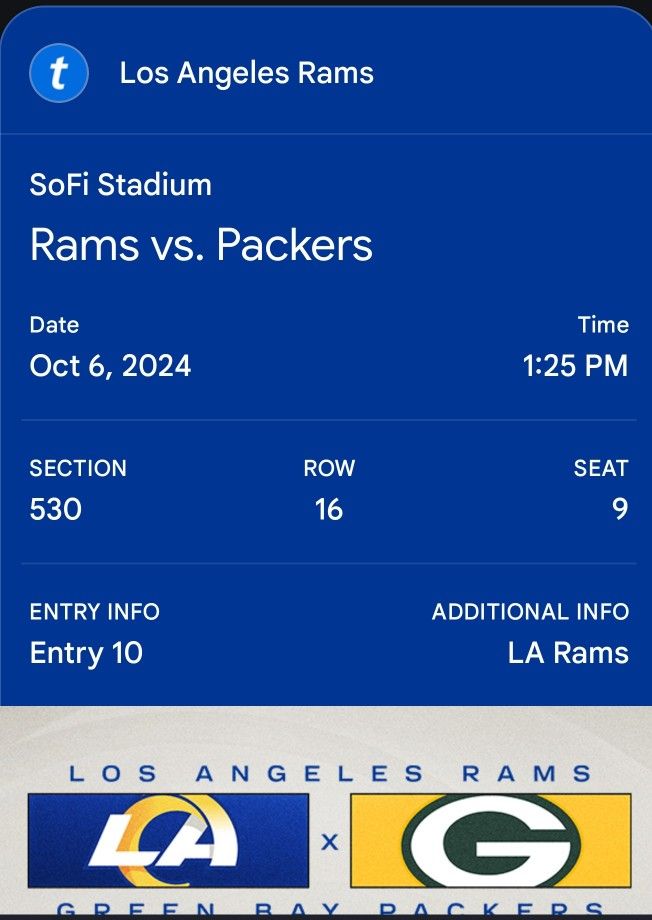 NFL GREENBAY VS RAMS @ SOFI STADIUM 2 TICKETS FOR SALE