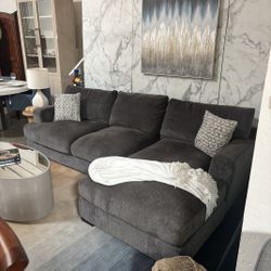 Plush Gray Sectional Sofa With Chaise- Deep Seat, Modern Style
