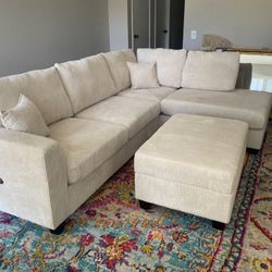 corduroy Sectional Sofa with usb charging and storage ottoman