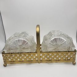 VMC Reims France 10 Crystal Cut Clear Glass Coasters Gold Basketweave Caddy MCM