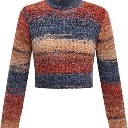 Large size Cropped Turtleneck Sweater, Striped Pattern, Long Sleeve, Navy Blue and Rust Orange