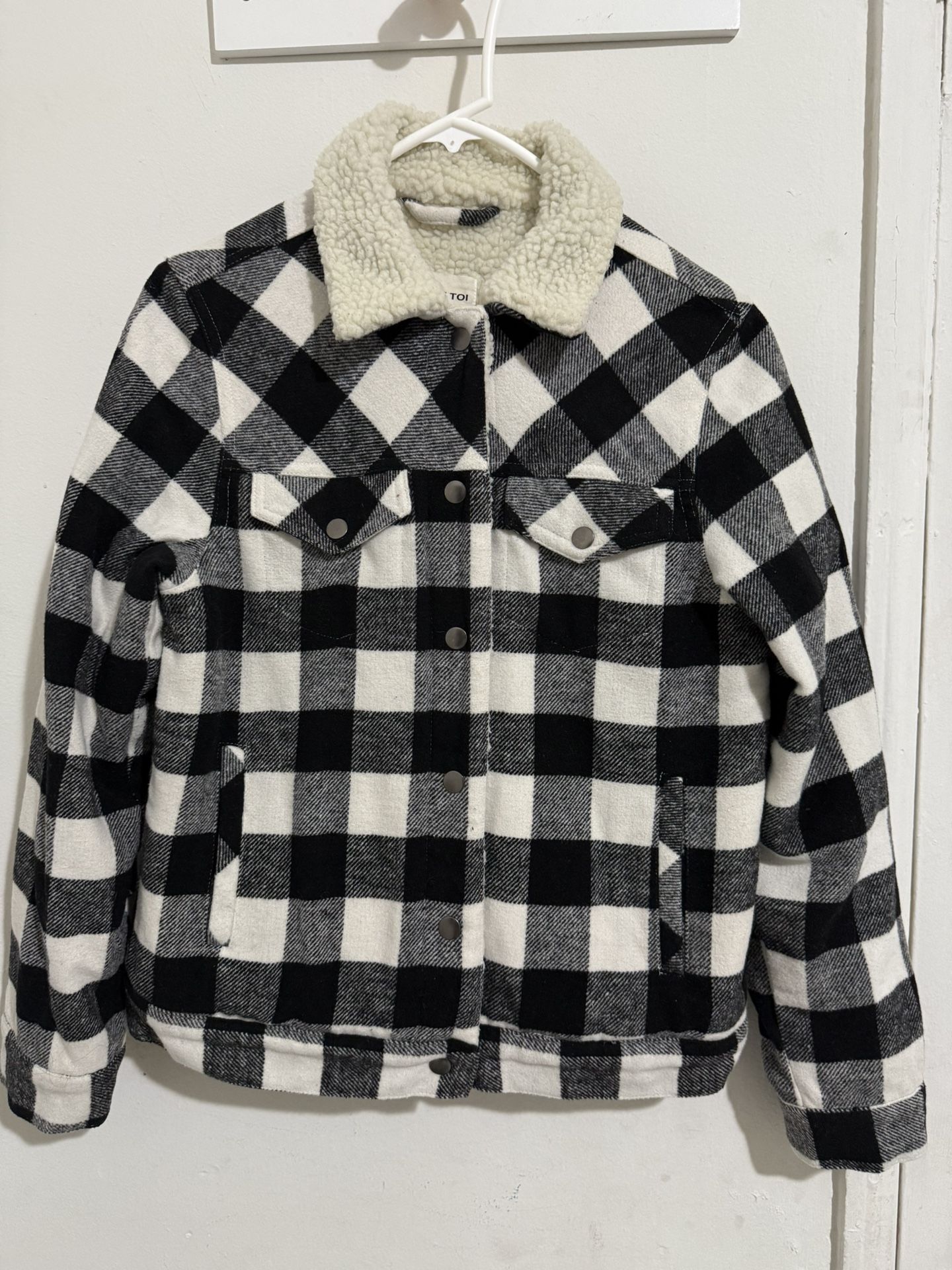 Plaid Black and White Jean Jacket with Sherpa Collar